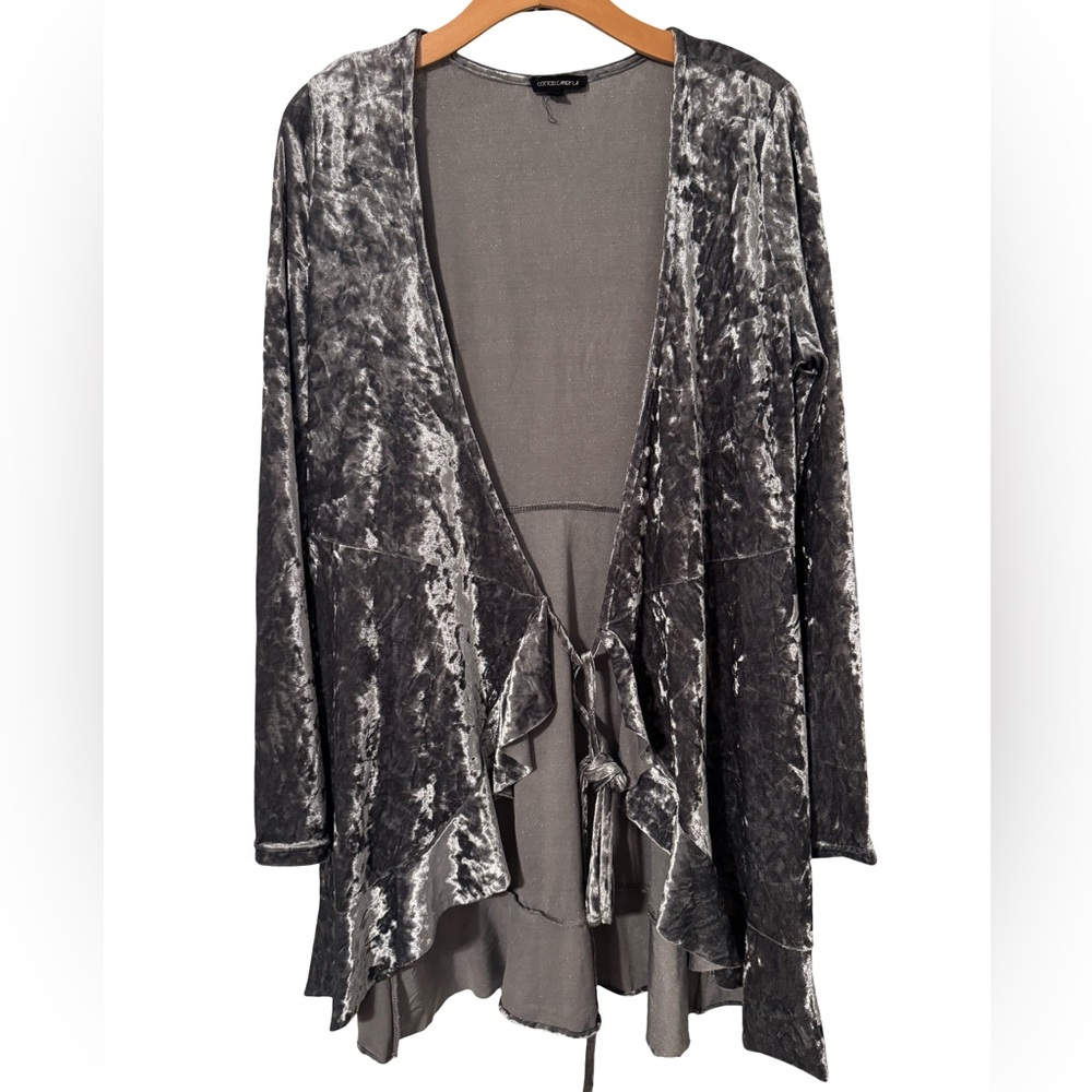 Y2K Silver Gray Velvet Tie Open Front Women's Cardigan